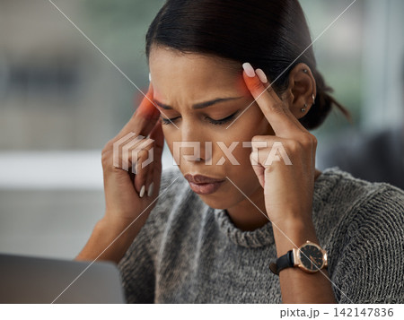 Business woman, technology and headache in office with burnout, stress and depression for work or job. Indian worker, laptop and migraine in workplace for insomnia, fatigue and anxiety with red glow 142147836