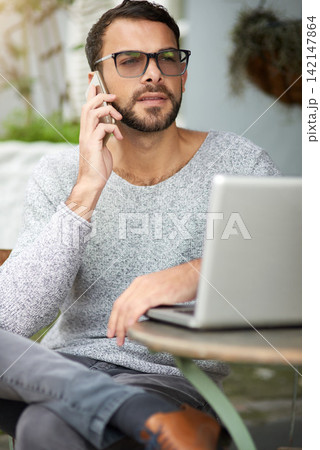 Man, phone call and laptop in cafe for remote work, email, and research for writing. Creative, male person and copywriter with computer for freelance articles or blog outdoors at New York coffee shop Man, phone call and laptop in cafe for remote work, email, and research for writing. Creative, male person and copywriter with computer for freelance articles or blog outdoors at New York coffee shop 142147864