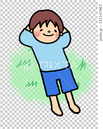 A cute little boy lying down and taking a nap. 142147967