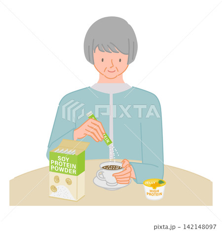 シニア女性が栄養補助食品のプロテインを摂取して健康管理をするイラスト シニア女性が栄養補助食品のプロテインを摂取して健康管理をするイラスト 142148097