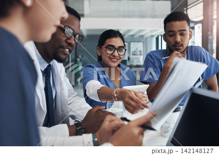 Discussion, documents and team of doctors in office for medical treatment, diagnosis or surgery plan in clinic. Meeting, paperwork and surgeon with group of healthcare interns learning in hospital. 142148127