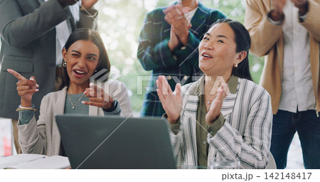 Business women, excited team and applause in meeting, tradeshow and achievement of success. Diversity, crowd and happy people clapping to celebrate seminar, presentation and award at conference event Business women, excited team and applause in meeting, tradeshow and achievement of success. Diversity, crowd and happy people clapping to celebrate seminar, presentation and award at conference event 142148417