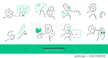 Business success and career growth concepts. Doodle line characters pointing at growth graph, holding flag, looking through binoculars, and checkmark. 142148548