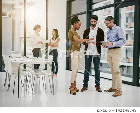 Business people, discussion or networking at meeting in office with b2b, sharing idea or planning project. Collaboration, professional employees or writing in workplace with strategy or brainstorming 142148549