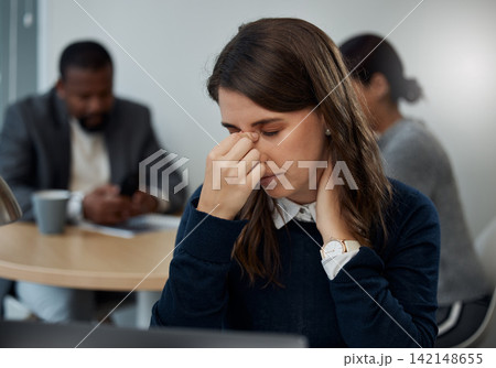 Woman, stress and headache by computer in cafe with tension for burnout, frustrated and overworked. Coffee shop, migraine and accountant with pain for financial deadline, pressure and health problem Woman, stress and headache by computer in cafe with tension for burnout, frustrated and overworked. Coffee shop, migraine and accountant with pain for financial deadline, pressure and health problem 142148655