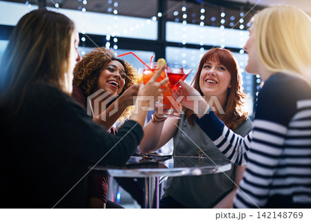 Friends, happy and cheers in club for party or event for nightlife, bonding and people with fun or laughter. Alcohol, toast and raising glasses with excitement for celebration, together and drink 142148769