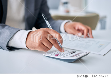 Hands, business man and calculator for finance in office, employee and accountant for planning budget. Male person, fingers and documents for investment profit, paperwork and broker for income tax 142148777
