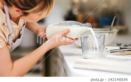 Woman, kitchen and milk for measurement, home and glass bowl for dessert or small business. Baker, ingredients and baking for batter, house or startup bakery for recipe prepare and sweet food process Woman, kitchen and milk for measurement, home and glass bowl for dessert or small business. Baker, ingredients and baking for batter, house or startup bakery for recipe prepare and sweet food process 142148836