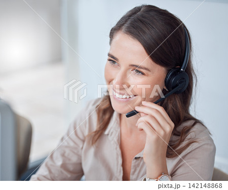 Call center, woman and assistant in office with smile, headset and happy in workplace. Female person, consultant and advisor for support, information and crm with mic for communication in Canada Call center, woman and assistant in office with smile, headset and happy in workplace. Female person, consultant and advisor for support, information and crm with mic for communication in Canada 142148868