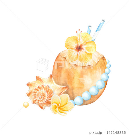 A watercolor composition of a yellow tropical coconut cocktail with a straw. This summer drink is hand-painted and decorated with flowers and beads. Coconut water is perfect for relaxing by the sea A watercolor composition of a yellow tropical coconut cocktail with a straw. This summer drink is hand-painted and decorated with flowers and beads. Coconut water is perfect for relaxing by the sea 142148886