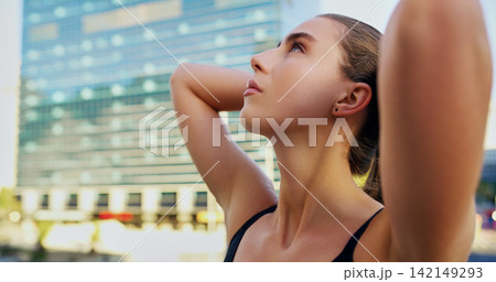 Woman, athlete and break after running in urban city for fitness, health and exercise in town for summer. Female person, runner and breathing in New York for marathon, competition and wellness Woman, athlete and break after running in urban city for fitness, health and exercise in town for summer. Female person, runner and breathing in New York for marathon, competition and wellness 142149293