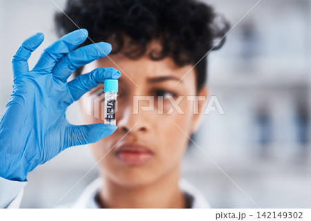 Sample, blood and healthcare in bottle, hand and scientist in lab, working and chemical for pharmaceutical. Medicine, person and test for diabetes in hospital, wellness and science for exam of liquid 142149302