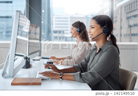Business people, telemarketing and teamwork with headset for contact at call centre for customer service, help and advice. Female group or virtual assistants in office with computer for communication Business people, telemarketing and teamwork with headset for contact at call centre for customer service, help and advice. Female group or virtual assistants in office with computer for communication 142149510