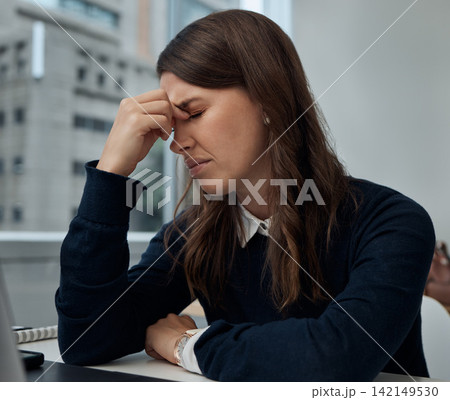 Frustrated, woman and headache by desk in office with tension for burnout, problem and overworked. Corporate, company and accountant with eye pain for financial deadline, pressure and stress at work Frustrated, woman and headache by desk in office with tension for burnout, problem and overworked. Corporate, company and accountant with eye pain for financial deadline, pressure and stress at work 142149530