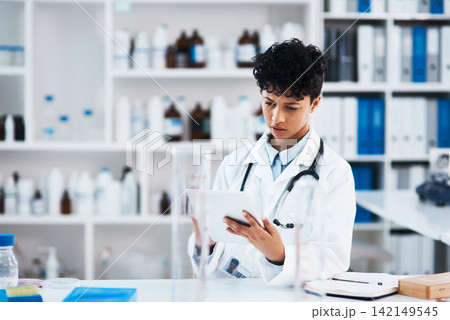 Tablet, woman and doctor in office, clinic and research for healthcare, medical and science for medicine. Pharmacy, online and internet for person in hospital, telehealth and reading of results 142149545