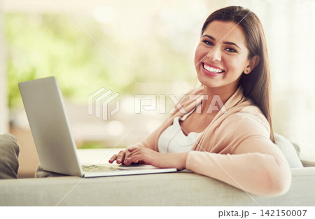 Happy, sofa and portrait of woman on laptop for online networking, internet and remote work. Working from home, relax and person on computer for website, research project and proposal in living room Happy, sofa and portrait of woman on laptop for online networking, internet and remote work. Working from home, relax and person on computer for website, research project and proposal in living room 142150007