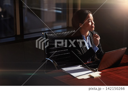 Attorney, woman and laptop with thinking in office for case administration, choice and review information for court. Person, lawyer or advocate by computer, notes and documents at commercial law firm 142150266