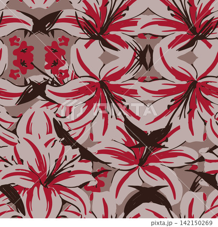 Modern hand drawn botanical seamless pattern with bold red brush stroke flowers. Perfect for luxury textiles, fashion apparel, wallpaper and packaging Modern hand drawn botanical seamless pattern with bold red brush stroke flowers. Perfect for luxury textiles, fashion apparel, wallpaper and packaging 142150269