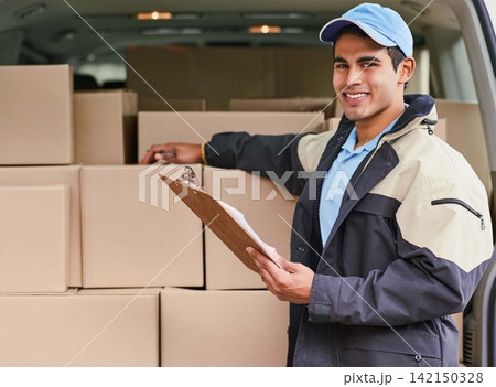 Man, portrait and delivery with van, checklist and invoice or updates on courier service or quality control. Male dispatcher, clipboard and logistics with records or documents for stock inspection. 142150328