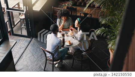 Friends, group and talking in coffee shop for communication catch up or university reunion, gossip or pastry, Man, woman and chat in cafe together as consumer for bonding lunch, diversity or social Friends, group and talking in coffee shop for communication catch up or university reunion, gossip or pastry, Man, woman and chat in cafe together as consumer for bonding lunch, diversity or social 142150550