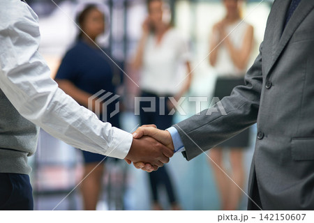 Handshake, deal and business men in office for partnership, collaboration or b2b agreement. Welcome, greeting and hr shaking hands with candidate for onboarding, hiring or recruitment in workplace. Handshake, deal and business men in office for partnership, collaboration or b2b agreement. Welcome, greeting and hr shaking hands with candidate for onboarding, hiring or recruitment in workplace. 142150607