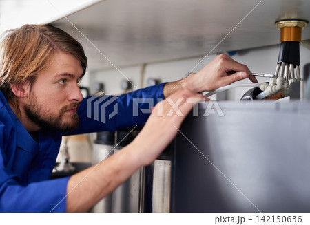 Handyman, plumber and tools in maintenance with spanner, pipes and repair at work and job in home. Male person, artisan and worker for client in house for fitting, installing or fixing water system Handyman, plumber and tools in maintenance with spanner, pipes and repair at work and job in home. Male person, artisan and worker for client in house for fitting, installing or fixing water system 142150636