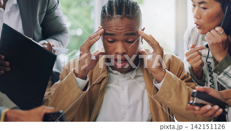 Headache, stress and black man with office chaos, burnout and deadline pressure. Overwhelmed, anxiety and male manager with workload, accountability and mental health crisis by angry compliance team Headache, stress and black man with office chaos, burnout and deadline pressure. Overwhelmed, anxiety and male manager with workload, accountability and mental health crisis by angry compliance team 142151126