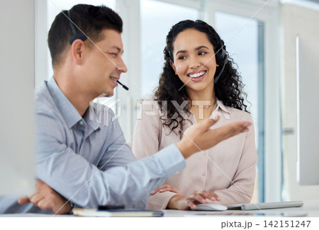 Call centre, man and woman with smile, talking and computer for website and market research online. Tech support, help and customer service with headset or headphones, insurance and communication Call centre, man and woman with smile, talking and computer for website and market research online. Tech support, help and customer service with headset or headphones, insurance and communication 142151247