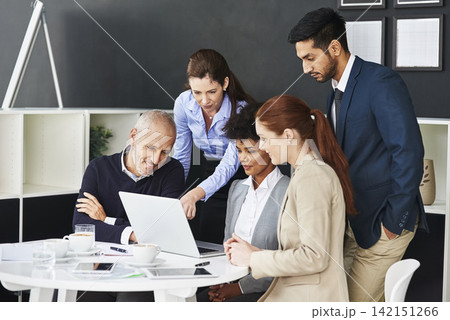 Teamwork, meeting or business people with laptop in office for support or speaking of research news. Talking, online or financial consultants in conversation, communication or discussion in workplace 142151266