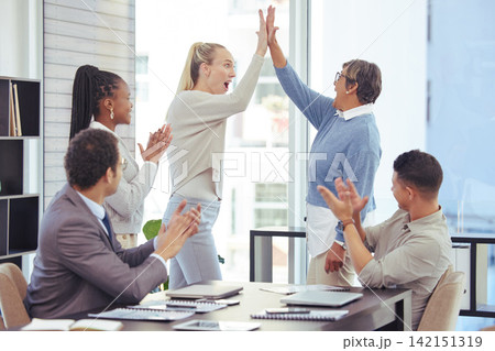 High five, business and people with meeting in office for staff or company feedback, project and sales target success. Team, applause and celebrate for employee promotion, achievement and partnership 142151319