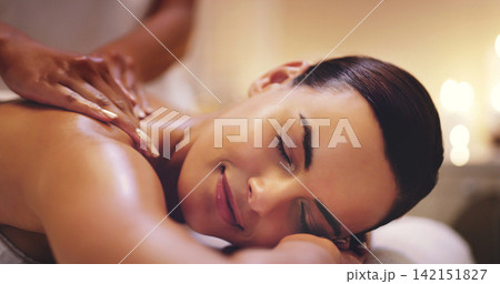 Spa, treatment and back massage for woman, smile and spine for stress relief. Pamper, beauty and luxury with masseuse for service in salon, zen and relax for body care and wellness detox in Thailand Spa, treatment and back massage for woman, smile and spine for stress relief. Pamper, beauty and luxury with masseuse for service in salon, zen and relax for body care and wellness detox in Thailand 142151827