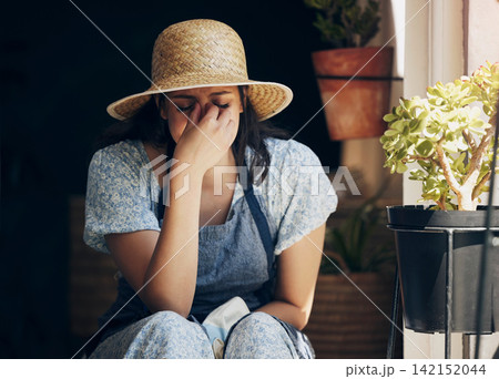 Woman, home and garden with crying from sad news, memories and depression with emotions. Housewife, outdoor and tears with stress, frustration and sorrow from heartbreak or upset and disappointed. 142152044