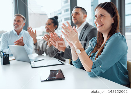 Applause, business and people in office for meeting with positive feedback of company growth or achievement. Team, clapping hands and happy with celebration for success, good news and agency sales. 142152062