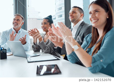 Applause, business and team in office for meeting with positive feedback of company growth or achievement. People, clapping hands and happy with celebration for success, good news and agency sales. 142152070