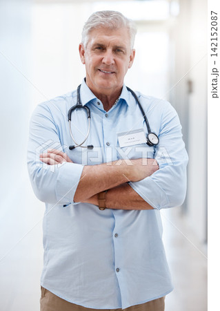 Doctor, man and portrait in hospital for consulting, healthcare and cardiology in clinic with pride. Stethoscope, mature male surgeon and expert physician in medical centre with smile and confidence 142152087