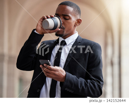 Corporate, coffee and black man with smartphone in city for networking, communication or social media. Break, drinking tea and lawyer on mobile for browsing internet, texting or app with lens flare 142152644