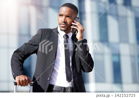 Phone call, black man and urban for business, chat and conversation for sales. Networking, communication and mobile smartphone for talk in city, entrepreneur and travel for conference or seminar trip 142152725