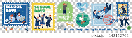 "SCHOOL DAYS" - Stamp-style banner illustration with a student life theme "SCHOOL DAYS" - Stamp-style banner illustration with a student life theme 142152762