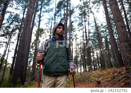 Hiking, backpack and man in forest for travel, survival and dangerous conditions. Nature, winter and male person with trekking pole in rough environment, immigration and safe destination in Europe Hiking, backpack and man in forest for travel, survival and dangerous conditions. Nature, winter and male person with trekking pole in rough environment, immigration and safe destination in Europe 142152781