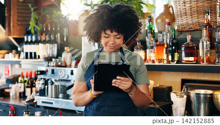 Tablet, restaurant bartender and happy woman typing checklist for alcohol stock, store trade or inventory. Portrait, job experience and manager check online list of drinks for supply chain services Tablet, restaurant bartender and happy woman typing checklist for alcohol stock, store trade or inventory. Portrait, job experience and manager check online list of drinks for supply chain services 142152885
