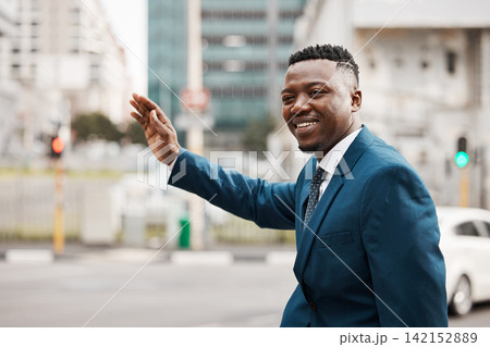 Business, black man and stop taxi in city to travel, smile or career as salesman outdoor in town. Professional, transport and male person for hailing a cab, commute or formal on street for trip Business, black man and stop taxi in city to travel, smile or career as salesman outdoor in town. Professional, transport and male person for hailing a cab, commute or formal on street for trip 142152889
