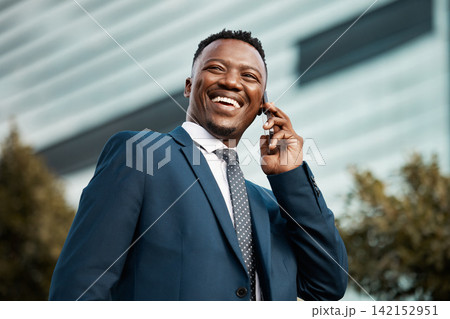 City, business man and call in morning for networking, speaking and conversation with contact. Outdoor, tech and black person or lawyer with cellphone for legal advice, consulting and support 142152951