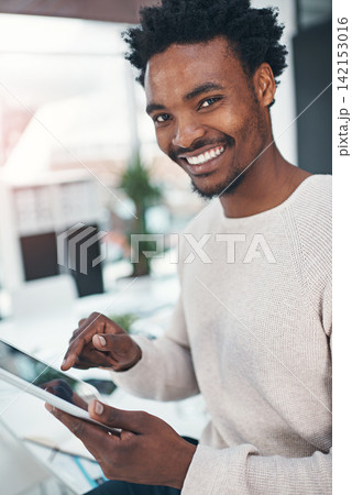 Happy, black man and portrait with tablet for creative development, research or browsing news at office. African or male person with smile or scrolling on technology in digital improvement or startup Happy, black man and portrait with tablet for creative development, research or browsing news at office. African or male person with smile or scrolling on technology in digital improvement or startup 142153016