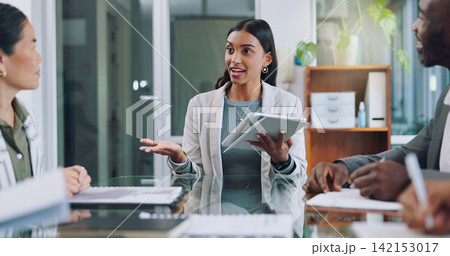 Tablet, group of business people with woman boss and pitch feedback for project management workshop. Teamwork, meeting and happy team with ceo, online report and brainstorming together on proposal. 142153017
