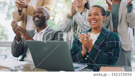 Happy black people, team and applause in meeting, conference and achievement of success in seminar. Business group, crowd and clapping to celebrate presentation, award or motivation at workshop event 142153059