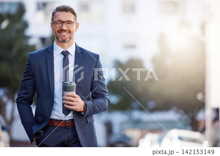 Happy, businessman and coffee in city for morning, travel and career in New York. Lawyer, corporate male person and hot beverage on sidewalk for journey, happiness and walk in Manhattan for mockup Happy, businessman and coffee in city for morning, travel and career in New York. Lawyer, corporate male person and hot beverage on sidewalk for journey, happiness and walk in Manhattan for mockup 142153149