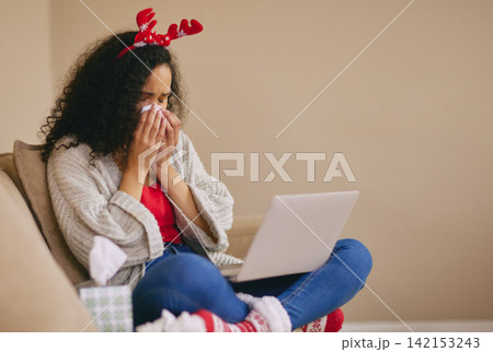Christmas, sad and woman with laptop in home for watching videos, entertainment and streaming movie. Crying, depression and person on computer for film on holiday, vacation and festive tradition Christmas, sad and woman with laptop in home for watching videos, entertainment and streaming movie. Crying, depression and person on computer for film on holiday, vacation and festive tradition 142153243