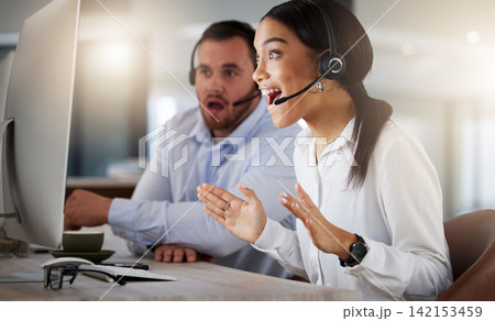 Call centre, agent and woman with computer, surprise and goal of target, milestone and achievement of customer service. Office, employees and shock for telemarketing, sales and help desk of agency Call centre, agent and woman with computer, surprise and goal of target, milestone and achievement of customer service. Office, employees and shock for telemarketing, sales and help desk of agency 142153459