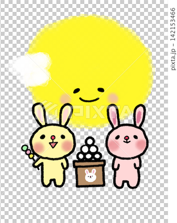 An illustration of twin bunny friends enjoying moon viewing with dumplings for the Mid-Autumn Festival. 142153466