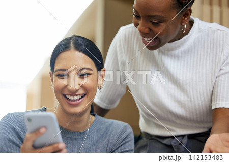 Business woman, colleagues and cellphone with laughing at social media joke, funny or lunch break. Female people, friends and smartphone with corporate office as judicial Intern, comedy or relaxing Business woman, colleagues and cellphone with laughing at social media joke, funny or lunch break. Female people, friends and smartphone with corporate office as judicial Intern, comedy or relaxing 142153483